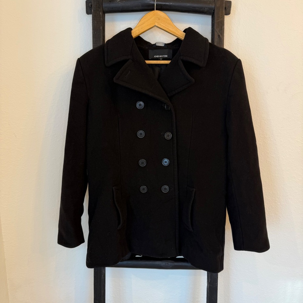 Black Peacoat Jones New York Double‎ Breasted Wool Cashmere Blend Womens Size 14